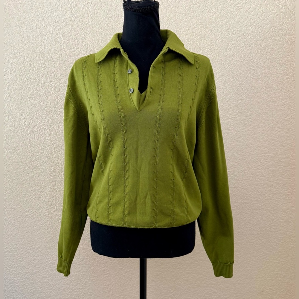 Vintage 1970s Warrick Knits Green Long Sleeve Polo Sweater Medium